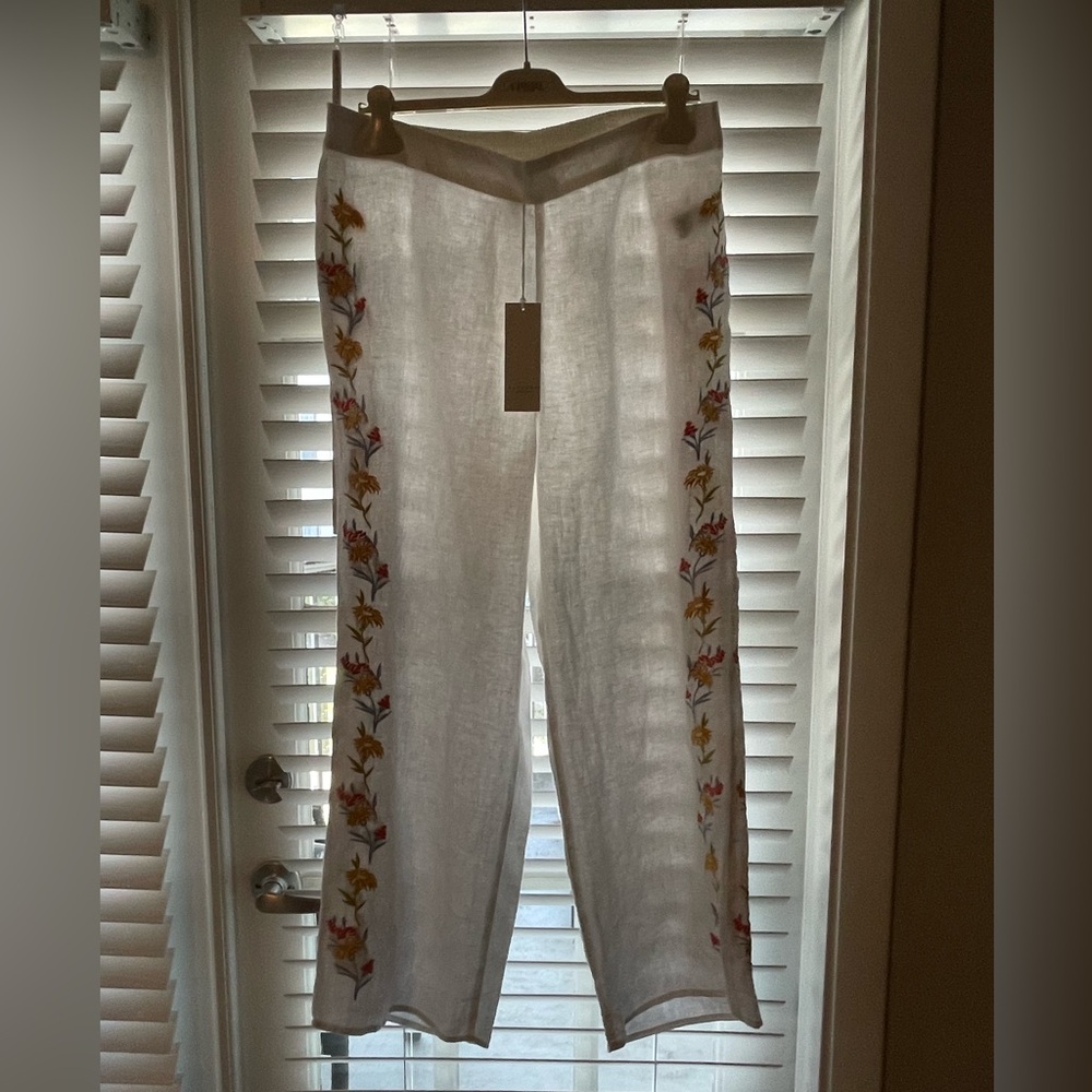Calypso St.Barth Eyelet Flower Embroidery White Linen Pant PullOn Straight M NWT - Picture 8 of 9